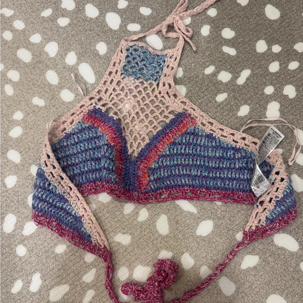 Zara crochet halter cropped top lavender pink cream boho open back high neck - Image 8