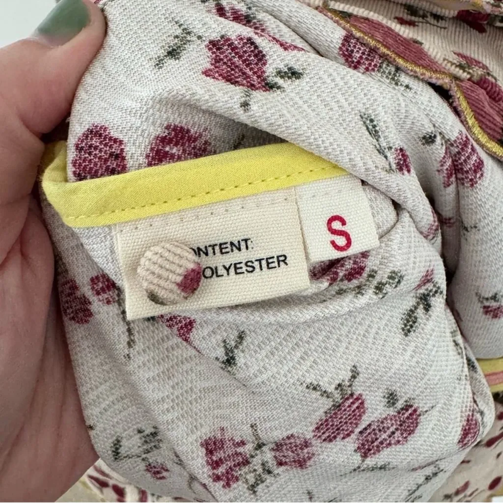 Celia B Alder White Corduroy Mini Floral Rose Ruffle Puff Sleeve Dress S - Image 8