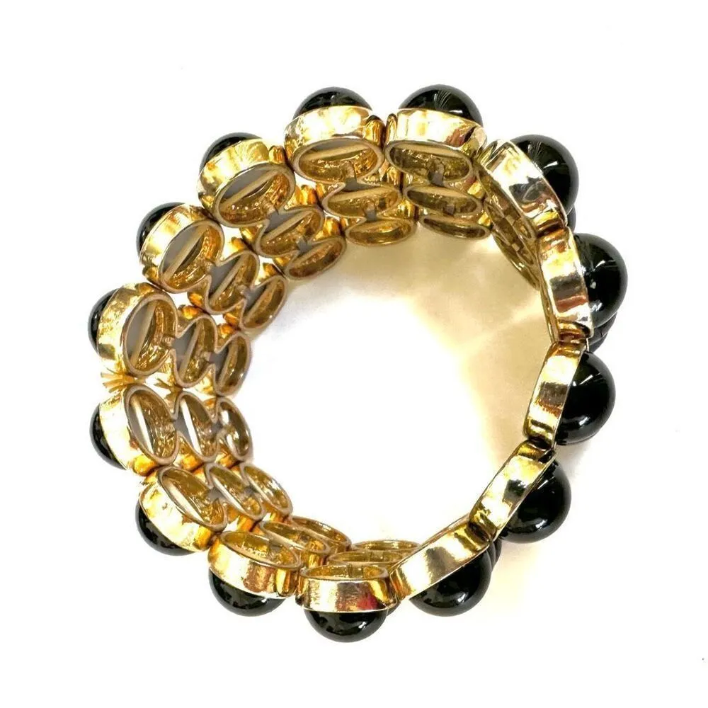 Black and gold tone wide beaded stretchy bracelet - Image 4