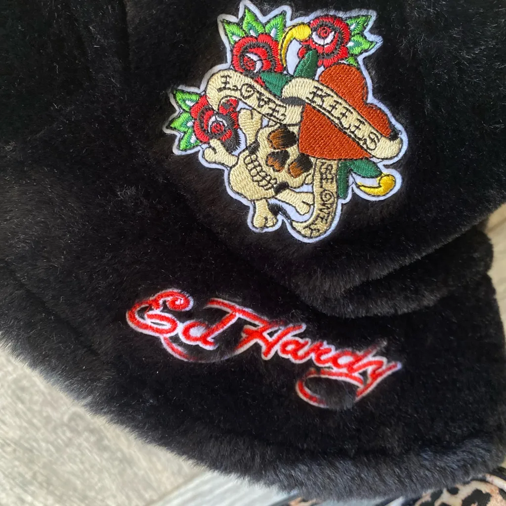 Ed Hardy Cheetah Print Crossbody Bag + Faux Fur Hat Set Y2K Tattoo Rose Skull - Image 5