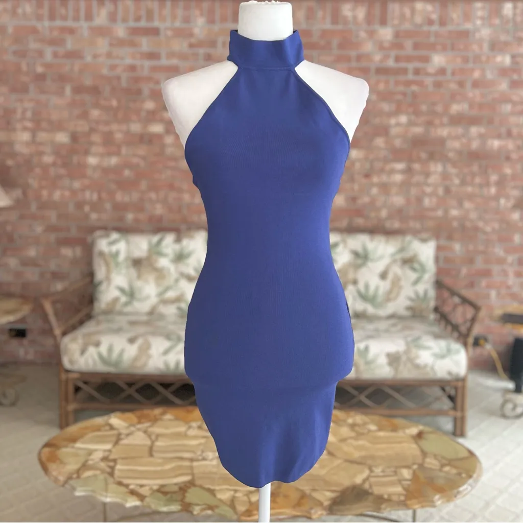 By The Way Dress Bodycon Bandage Halter Mini Blue S Backless Cocktail Party Chic - Image 2
