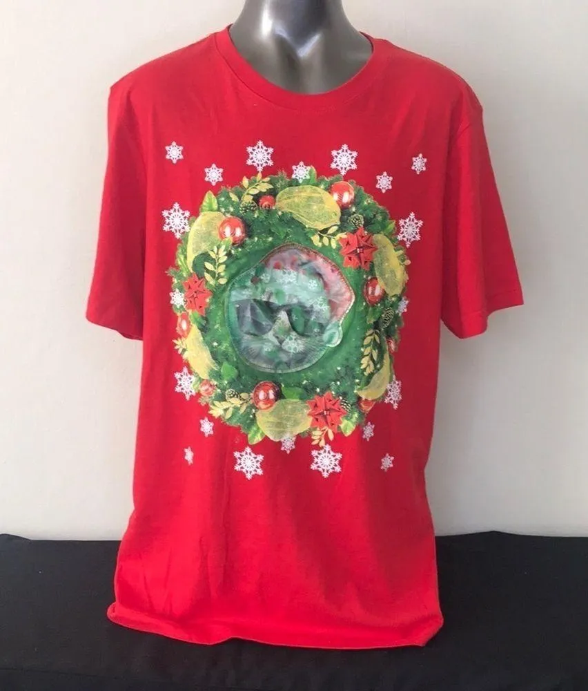 Handmade Ugly Christmas 3-D Holiday Cat Lover Red Short Sleeve Shirt Size Medium - Image 3