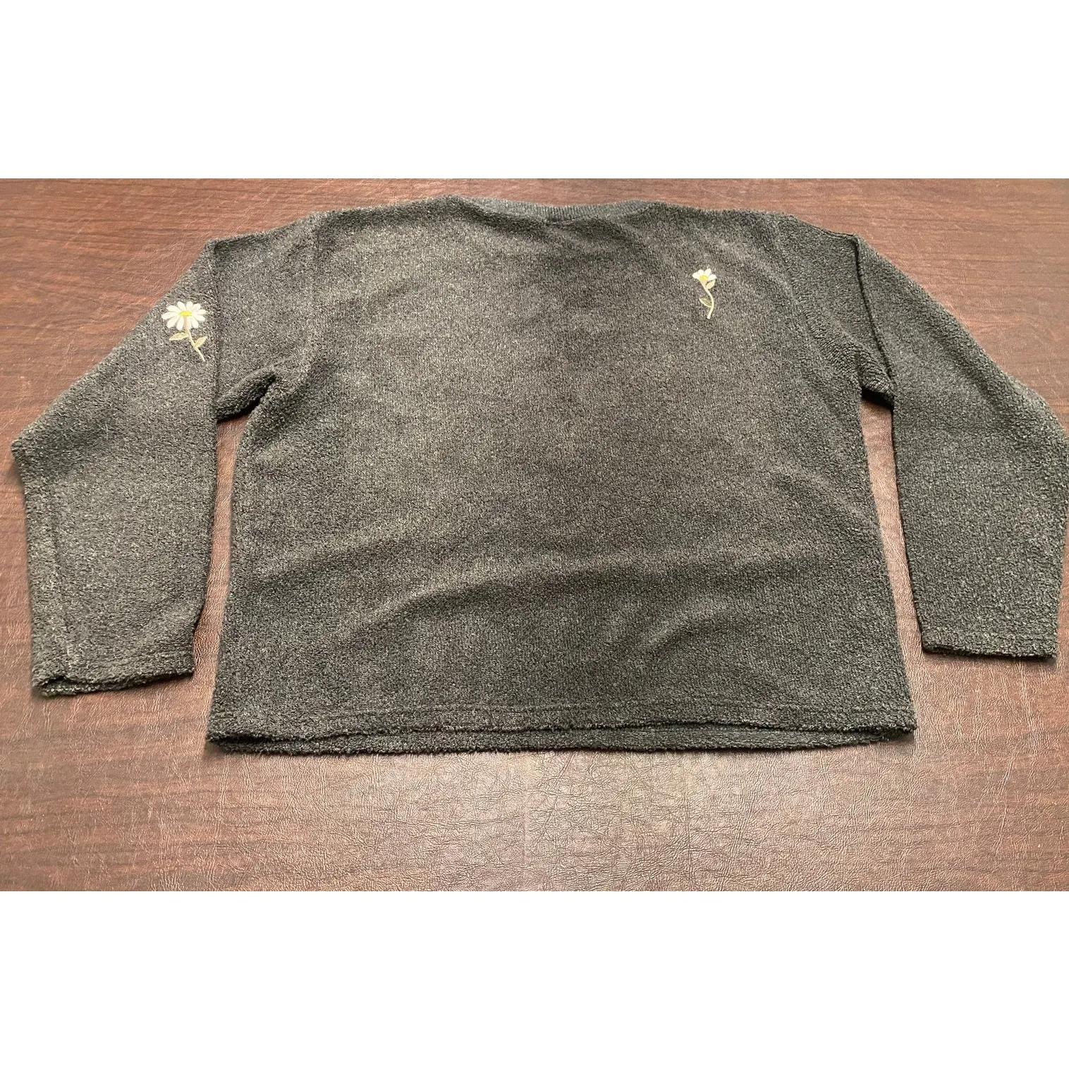 Vintage Y2K Cal Cru Terry Knit Embroidered White Daisies Crew Neck Made USA L/XL Gray - Image 4