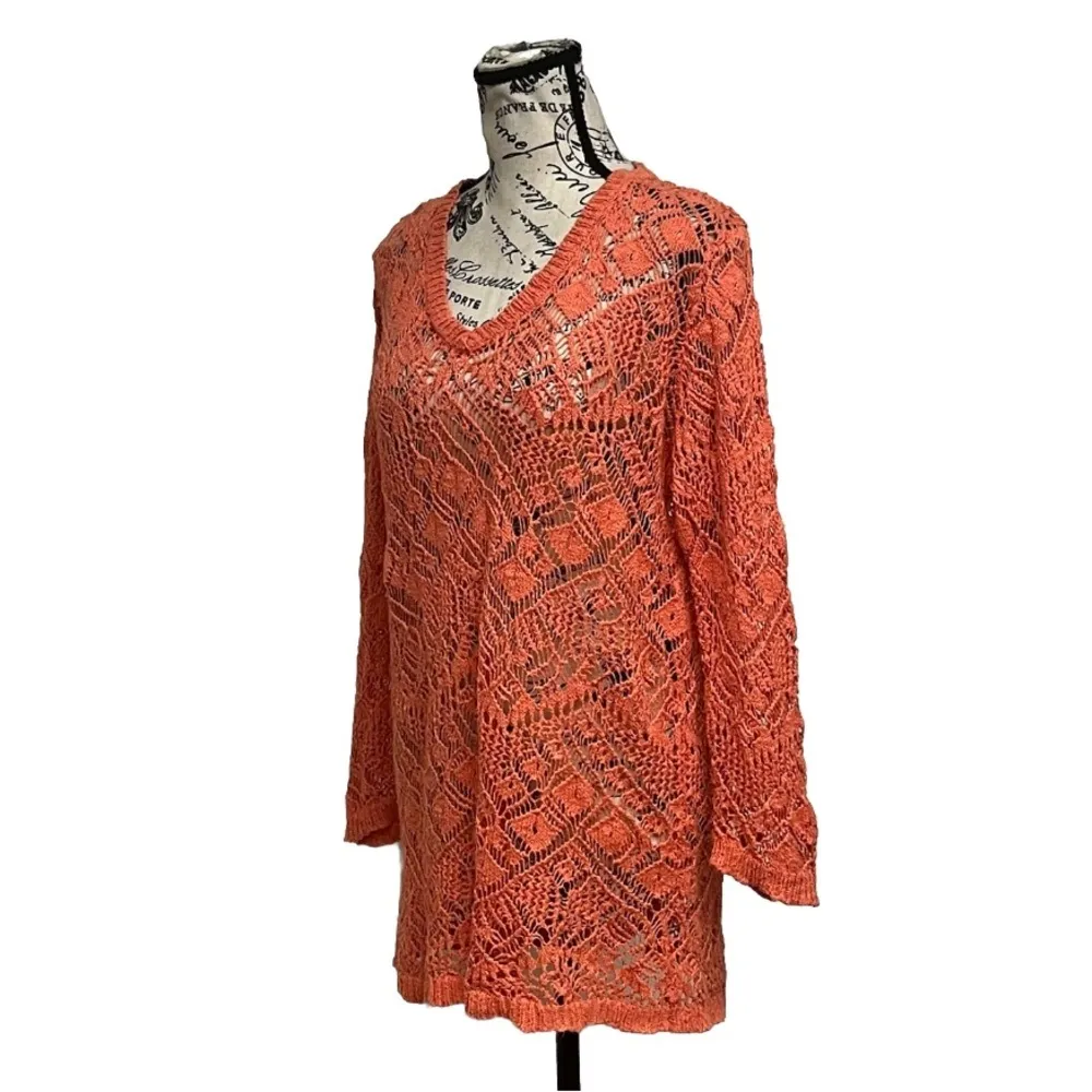Vtg Joesph A Y2k Retro Crochet Orange Blouse Tunic Boho Hippie XL Sheer Peasent - Image 3