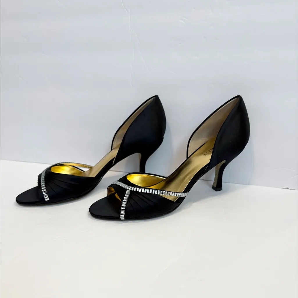 Nine West Satin Quorra Heels Black Rhinestone Bling Accents Formal Size 8M - Image 2