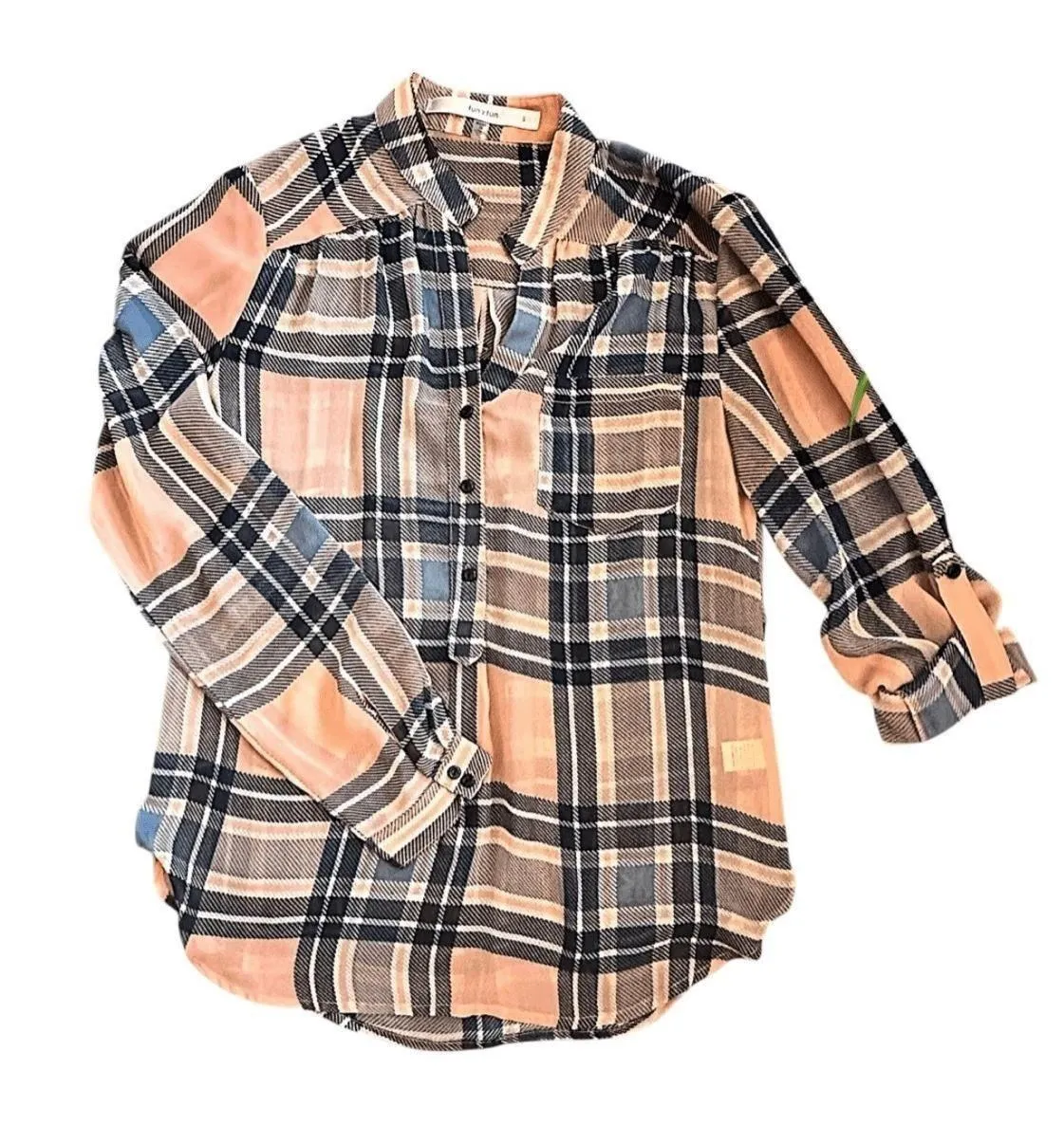 Fun2Fun Womens Salmon Blue Plaid Casual Roll Up Boyfriend Shirt Sheer Relaxed - Image 3