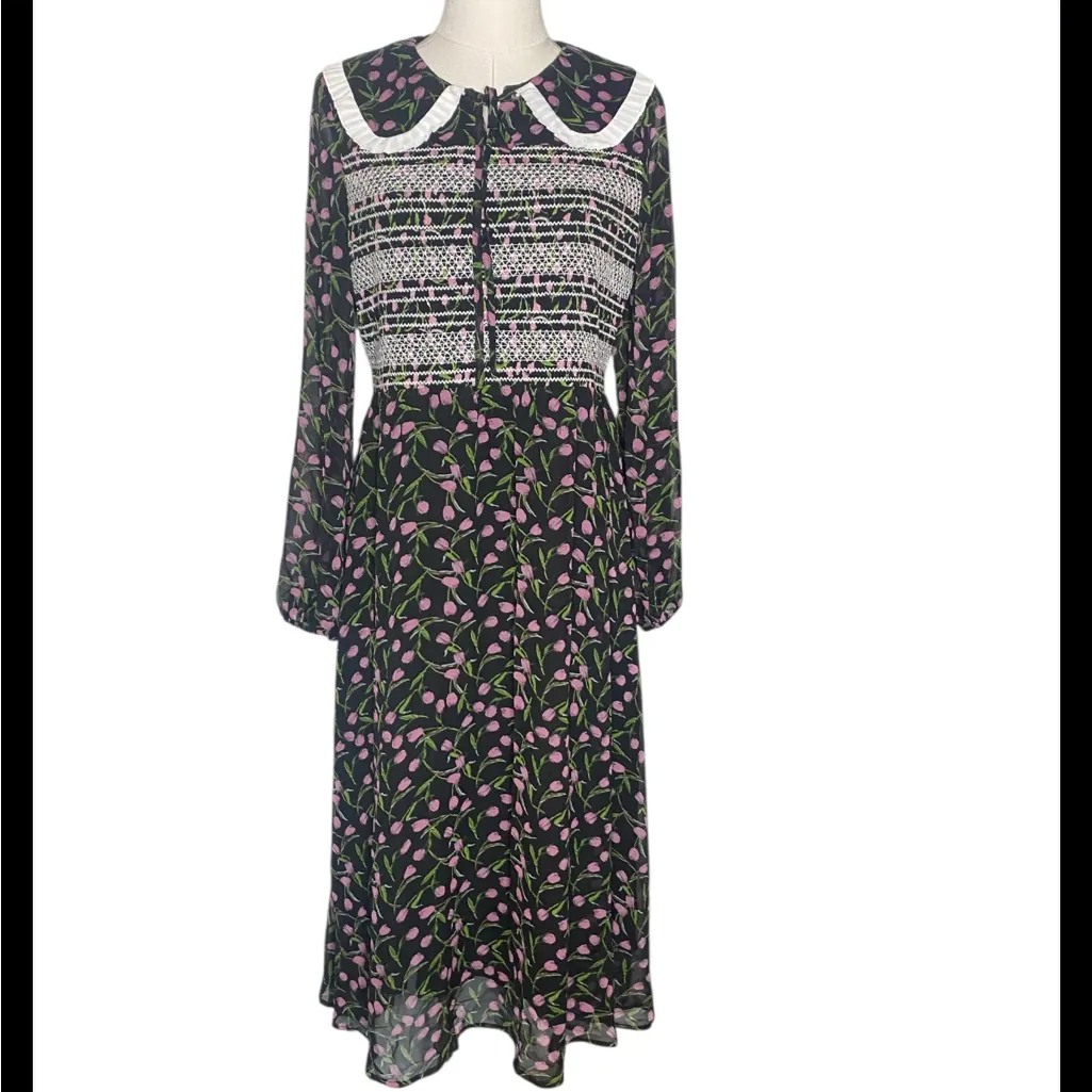 Simple Retro Black Purple Tulip Floral Smocked Midi Dress Peter Pan Collar
S - Image 10