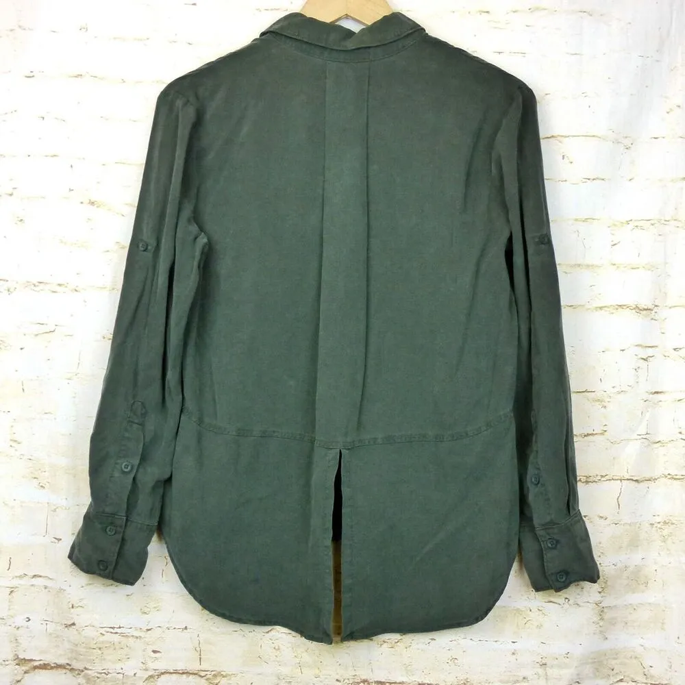 Bella Dahl Shirt Womens S Green Split Back Button Tencel Roll Up Sleeve Utility - Image 11