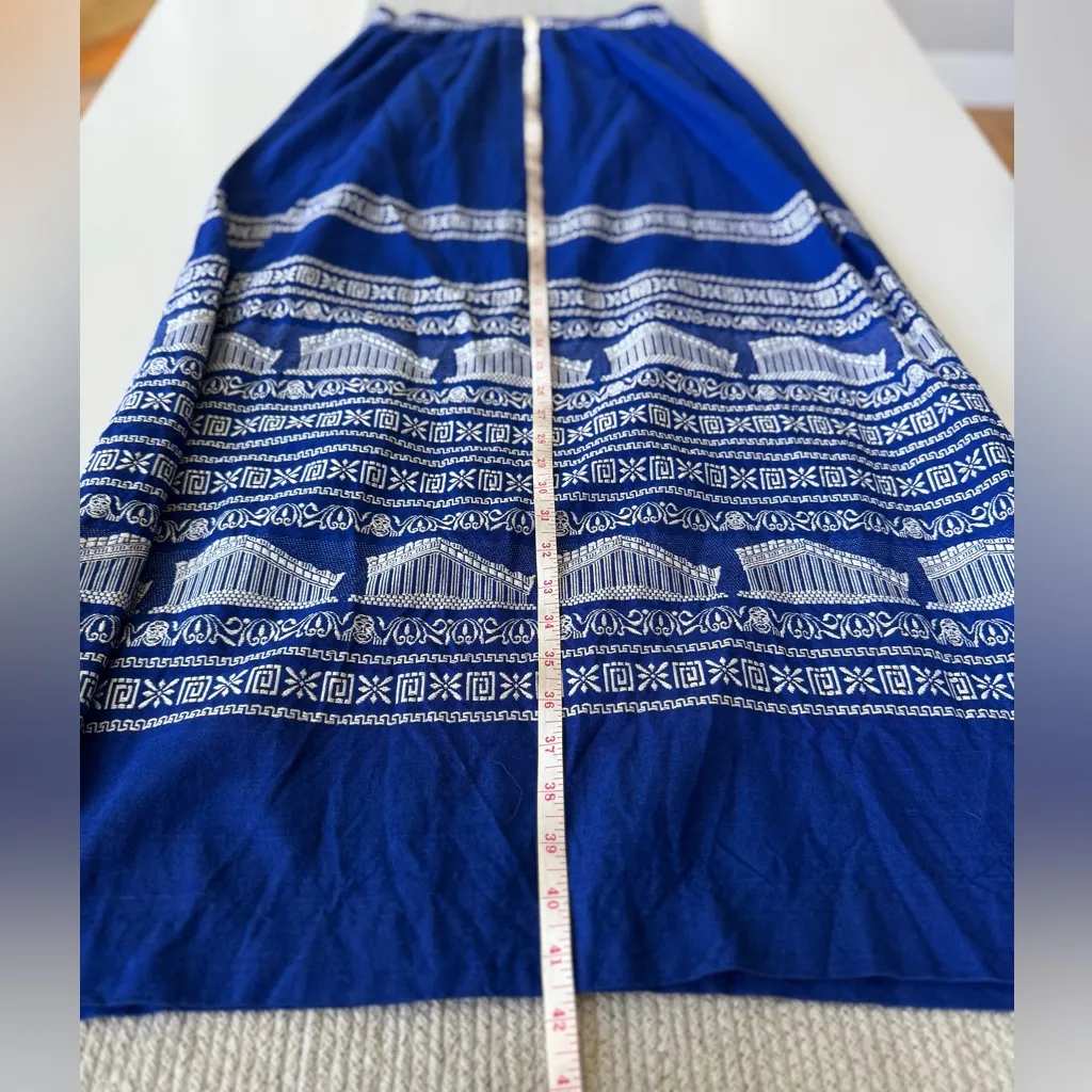 Vintage Grecian Cobalt Blue White Embroidered Cotton Floor Length Maxi Skirt S - Image 9