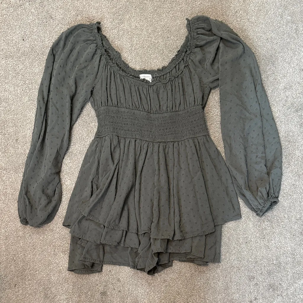 Urban Outfitters Dark Green Swiss Dot Long Sleeve Romper Size S - Image 2