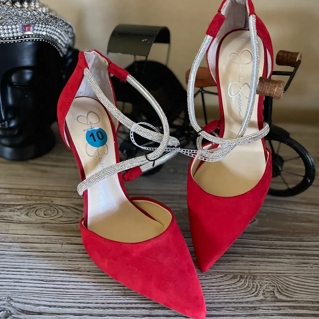 NEW JESSICA SIMPSON Rhinestone Glitter Pointed Toe Pump Festive Holiday Red 10 - Image 9