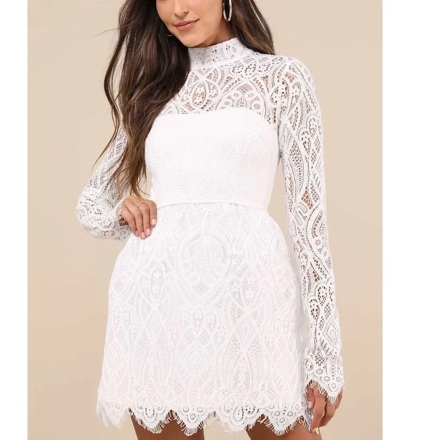 Lulus NWT Gorgeous Attraction White Sheer Lace Structured Long Sleeve Mini Dress Size M - Image 2