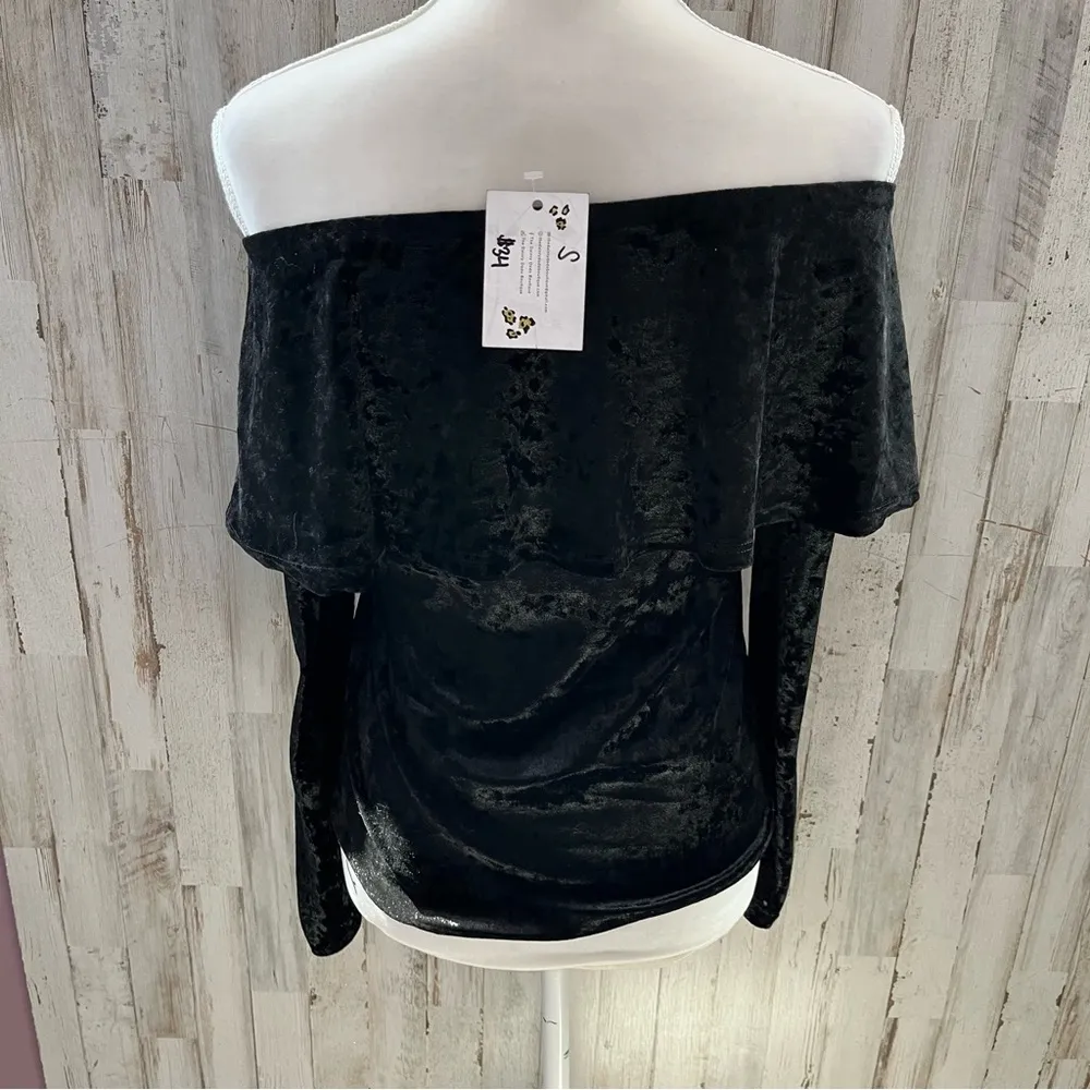 New! Oddy Black Velvet Velour Off The Shoulder Boutique Top Womens Small - Image 4