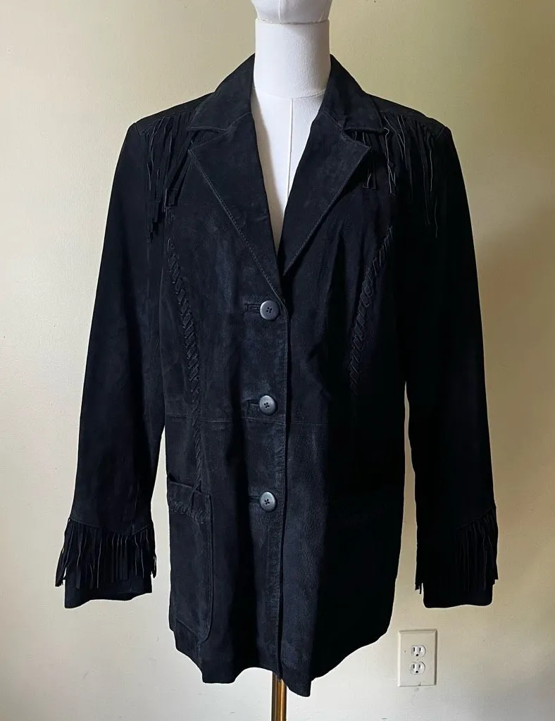 Vintage 70s Style Genuine Leather Fringe Jacket Black Suede Western Boho Large - Image 1
