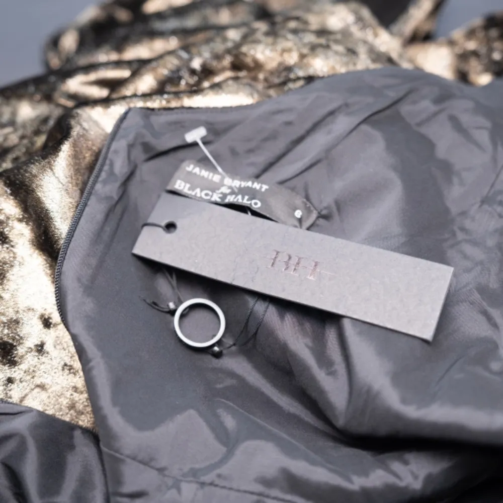 Black Halo. Bronze Crushed Velvet Fluted Cocktail Dress. - Image 7