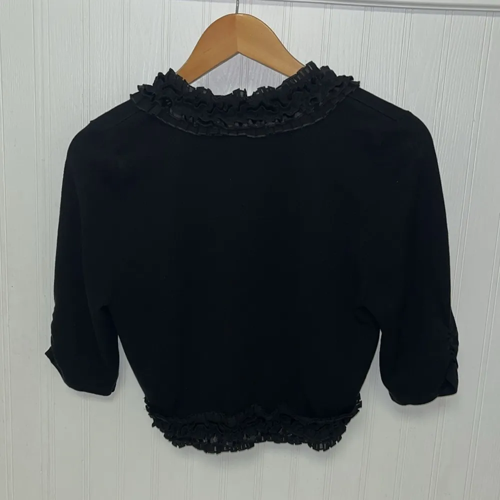 White House Black Market Black Ruffled Open Front Silk Sweater - Image 5