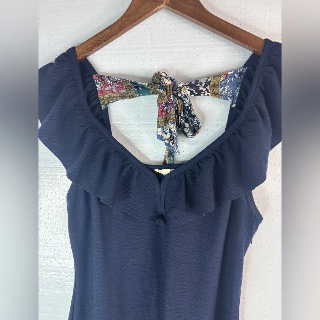 Hem & Thread S Textured Black Navy A-Line Flattering Mini Dress - Image 3