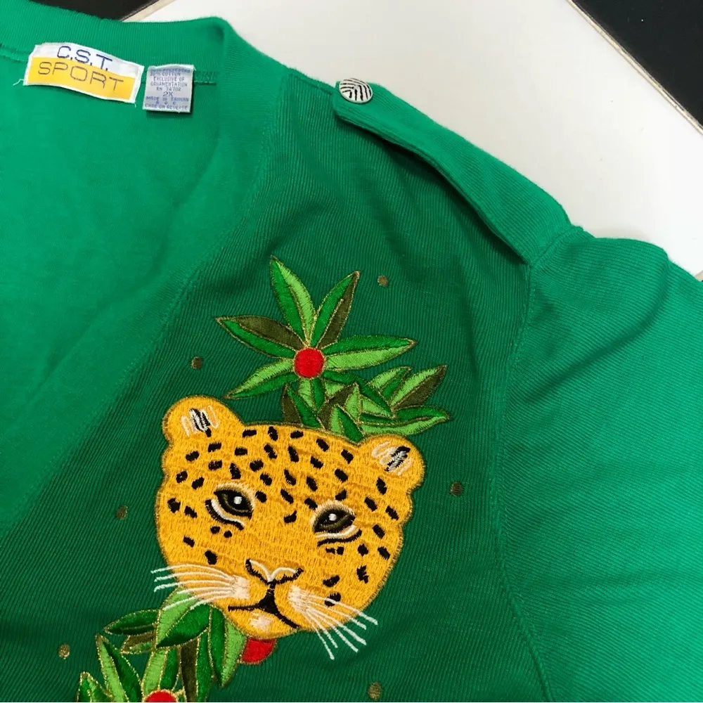 Vintage 90s C.S.T Sport Jungle Animal Statement Cardigan Sweater Kelly Green XXL - Image 4