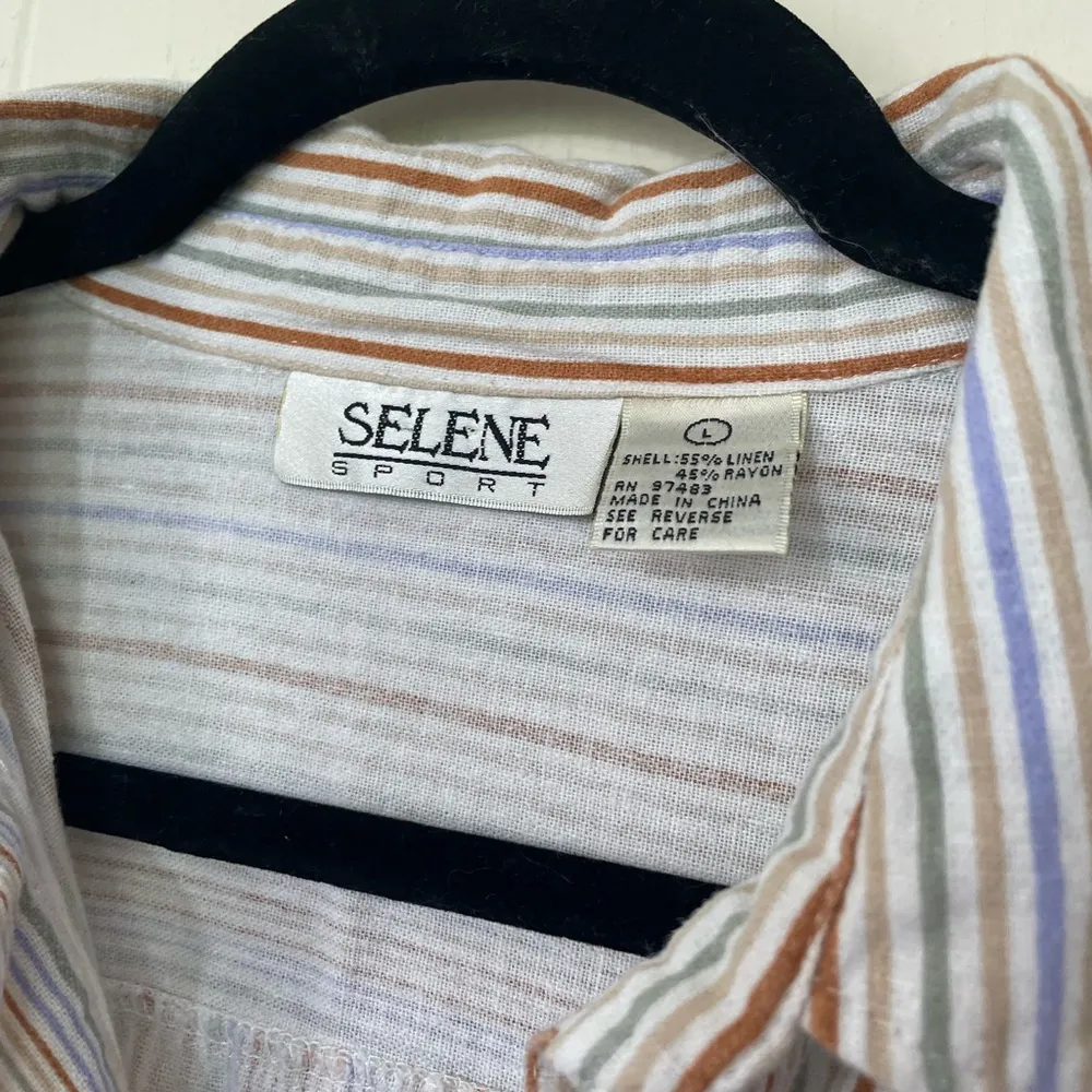 Selene Sport Vintage Linen Rayon Striped Roll Tab Sleeve Button Up Shirt ~ Sz L Size L - Image 4