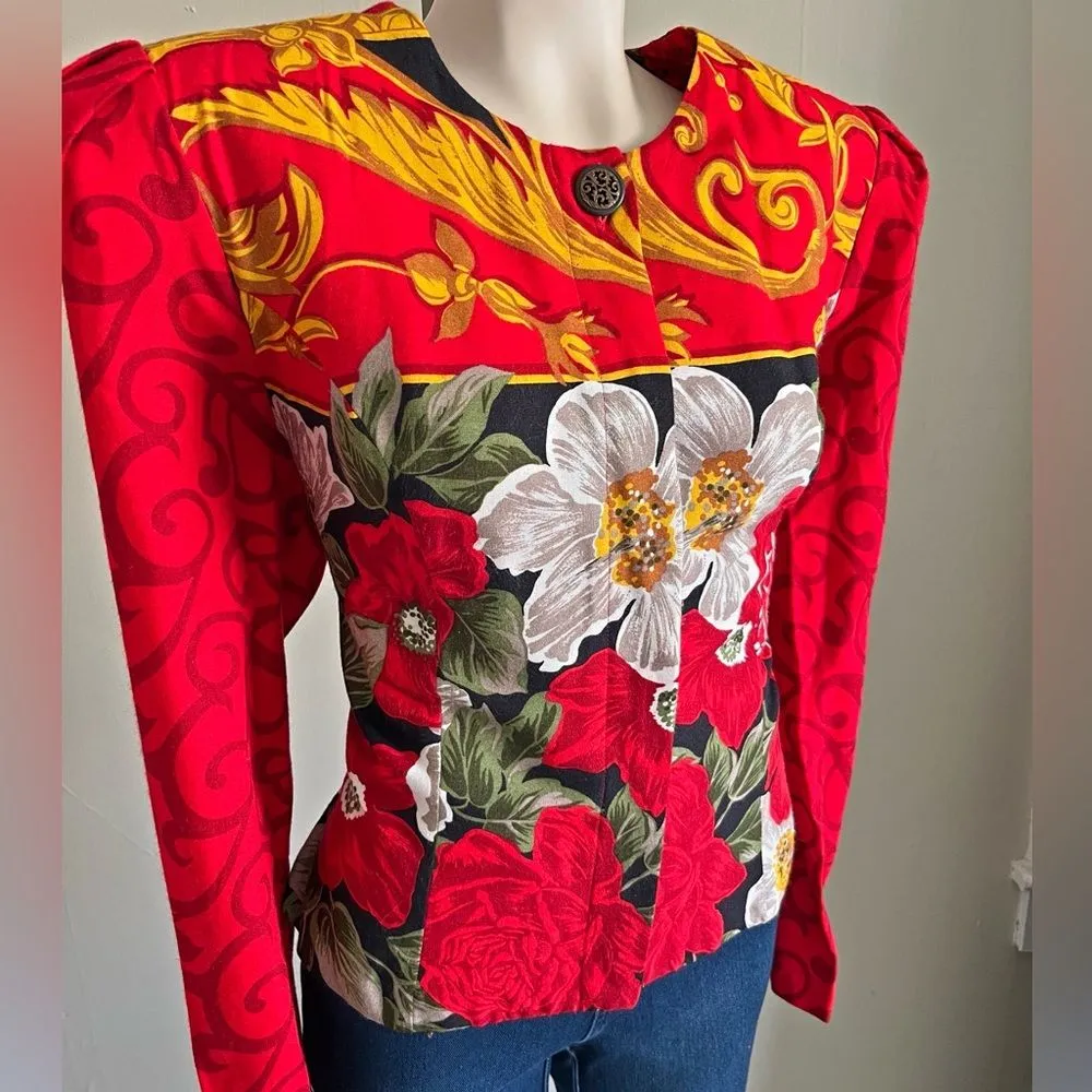 Vintage Melissa Floral Baroque Red Statement Jacket Blouse statement unique Size 12 - Image 9