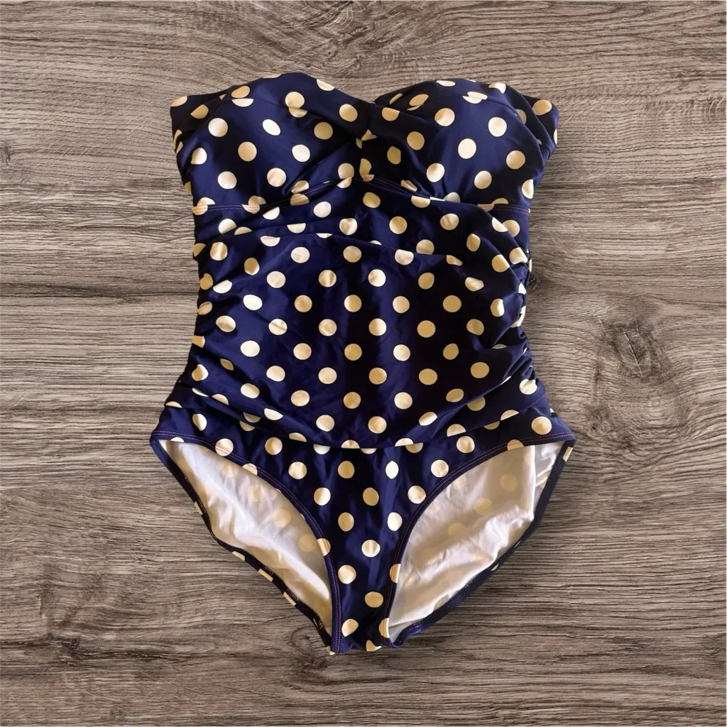 Boden One Piece Swimsuit Bathing Suit Polka Dot Blue White Size 12 Missing Strap - Image 3