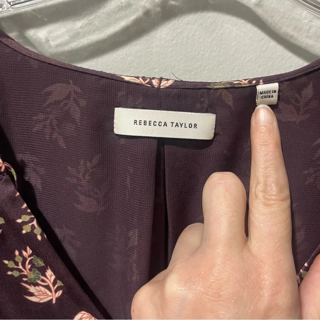 Rebecca Taylor Zia Fleur Printed Tie Top Size Large Maroon Floral V Neck Long Sl - Image 5