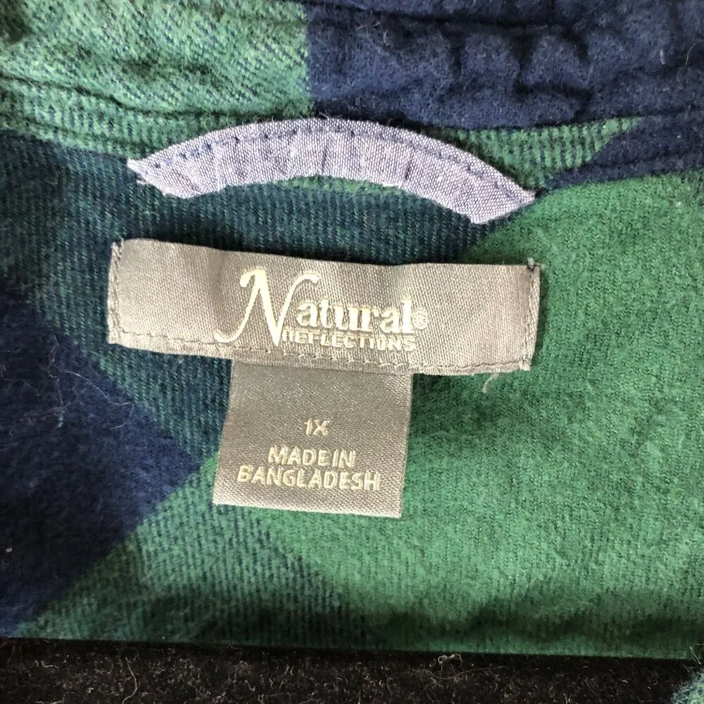 Natural Reflections  Green & Blue Plaid Flannel Button-Up Shirt 100% Cotton 1X - Image 3