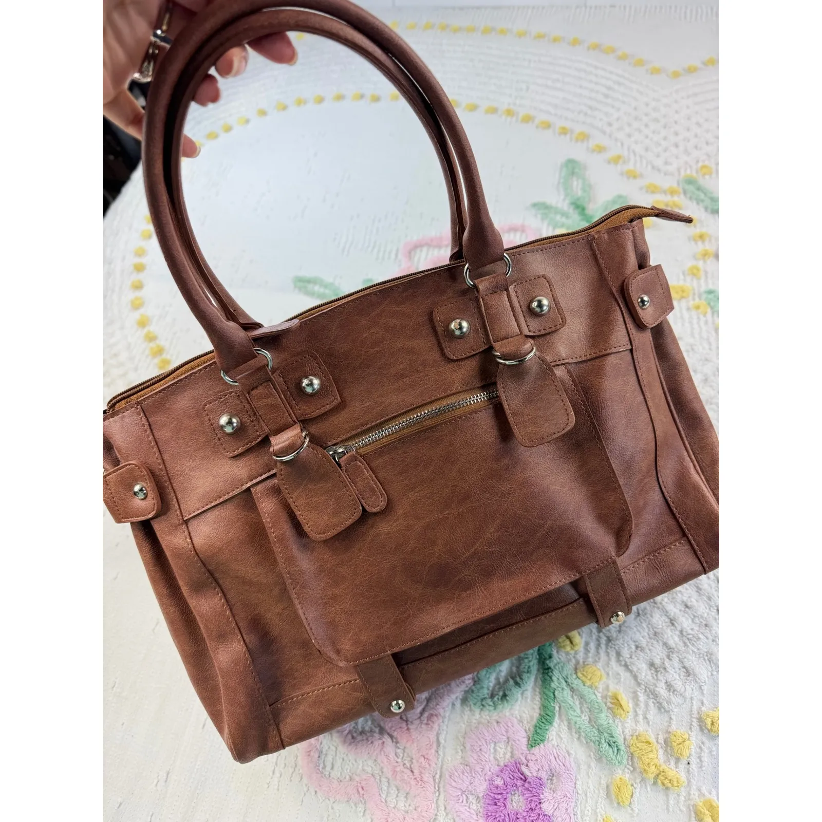 LANEIGE Brown Faux Leather Satchel Bag Tote Top Handle Purse - Image 2