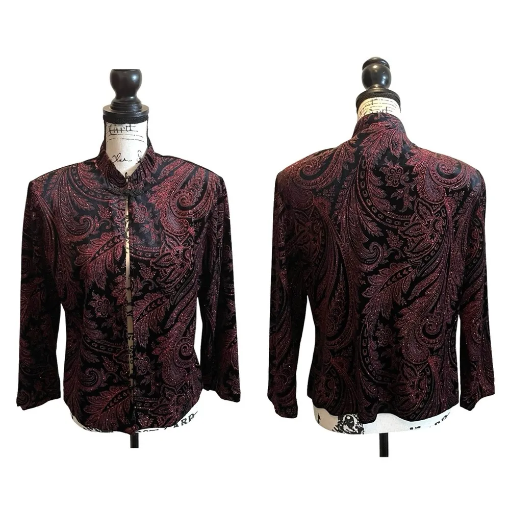 Sheri Martin Velvet Floral Jacket Black red Size 12 Vintage Bling Floral - Image 11