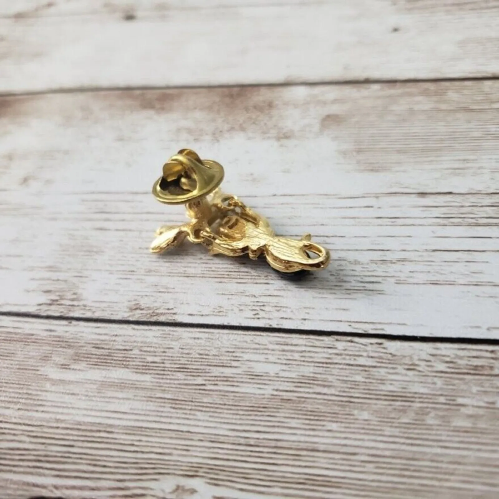 Pin / Brooch Angel Black & Gold Tone Dangling From Branch, With Green Leaves - Image 3