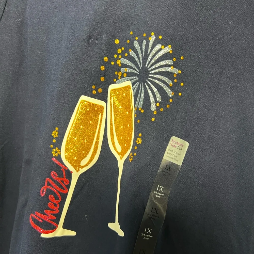 Kim Rogers Navy Blue Cheers Graphic 3/4 Length Sleeve Tee Shirt - Image 4