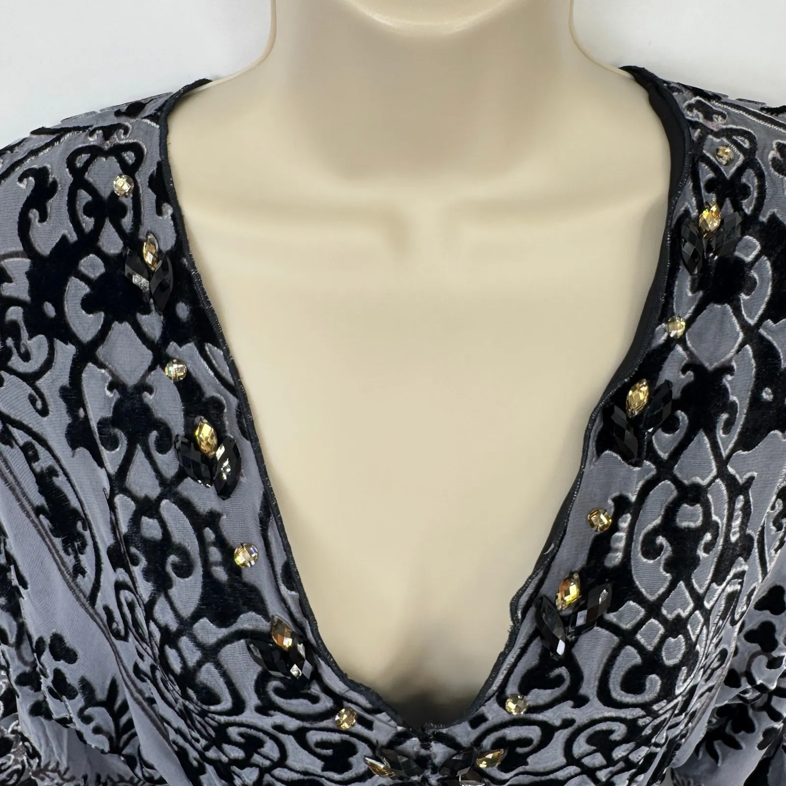 Hale Bob Dress Womens Small Gray Black Silk Velvet Burnout Baroque Bell Sleeve - Image 7