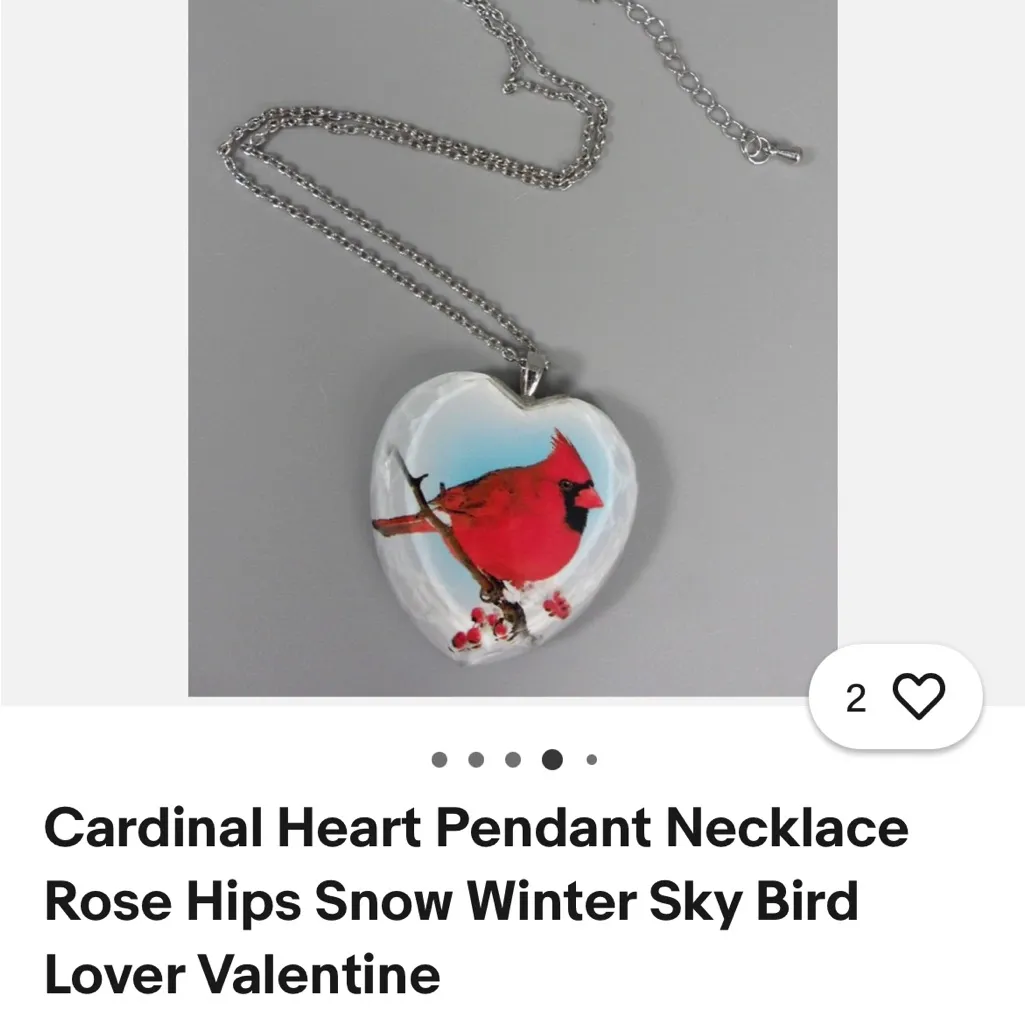 Vintage Heart Necklace - Winter Scene w/Cardinal - Image 4
