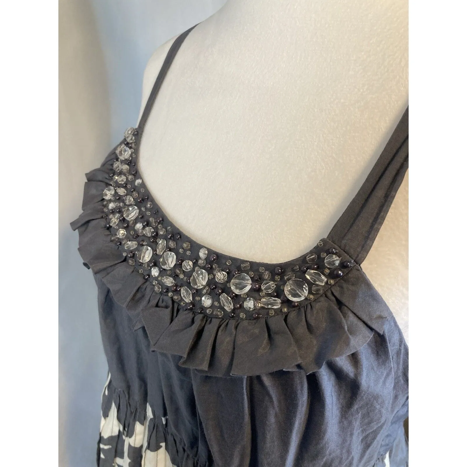 Coquette Halter Midi Dress L Fairy Beaded Ruffle Criss Cross Back Cotton Silk - Image 8