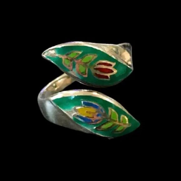 VINTAGE Sterling Silver Floral Inlay Bypass Ring Sz 6 - Image 2