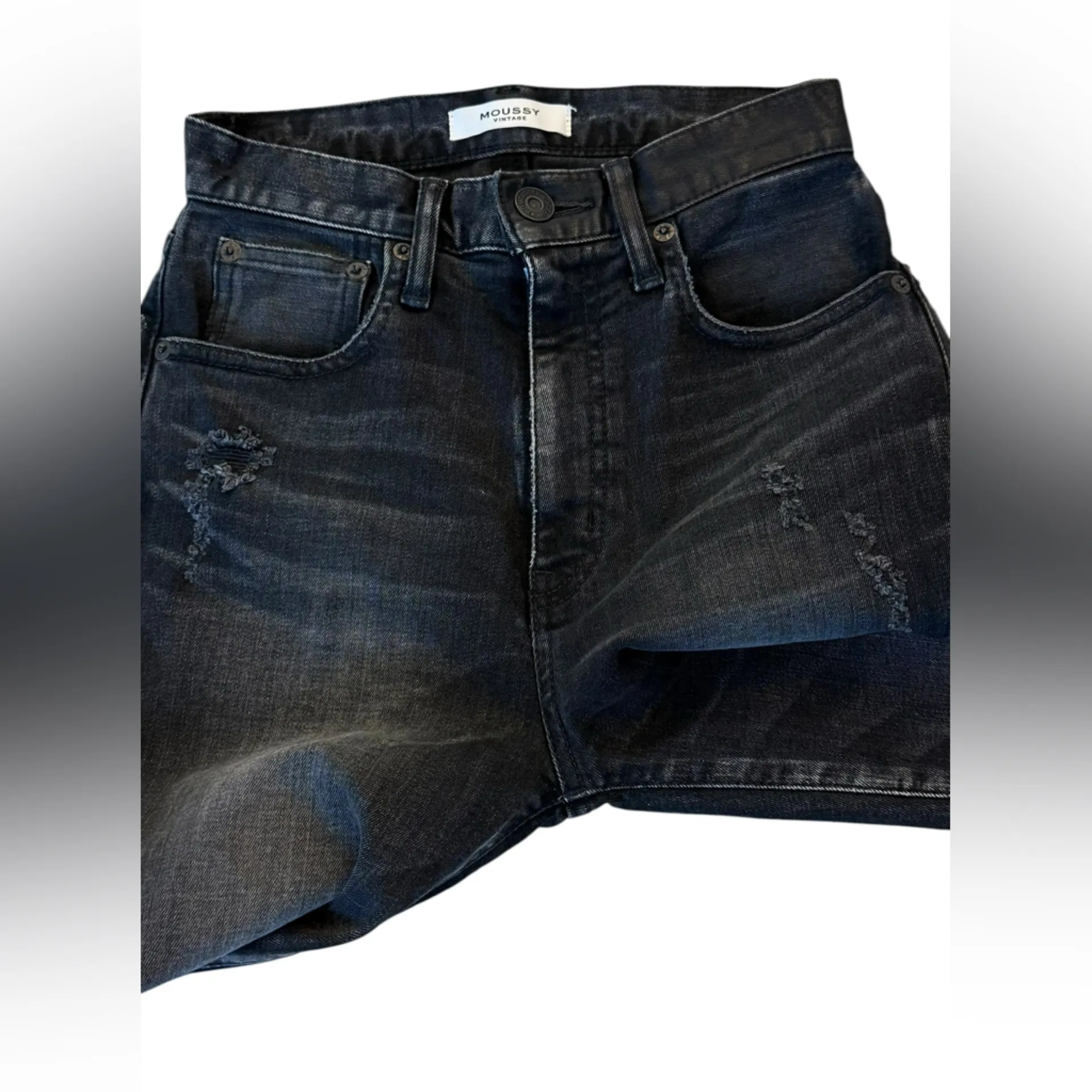 Moussy Vintage Alhambra Flare Jeans Split Hem High Rise Japanese Denim Size 24 Black - Image 6