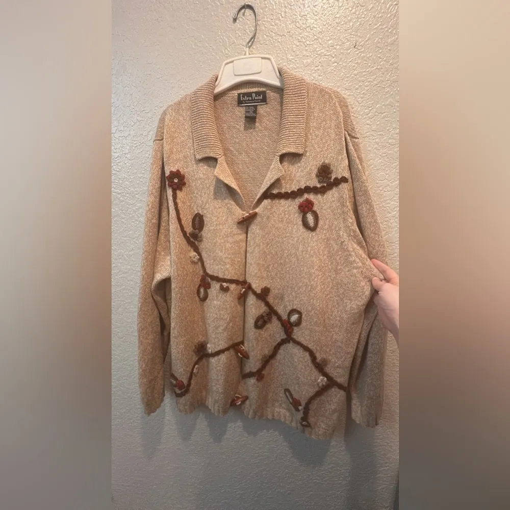 Vintage Extra Point‎ Woman’s 3X Tan Floral Embroidered Cardigan Sweater Boho - Image 2