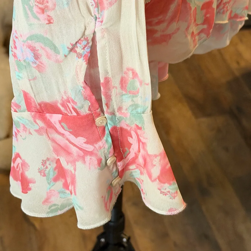 Free People Floral Ruffle Blouse - Pink and Cream NWT Boho Hippy Casual size S - Image 4