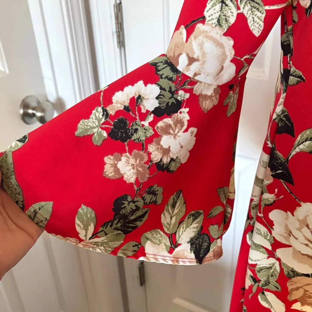 Olivia Matthews Red Floral Midi Dress With Bell Sleeves. - Image 5