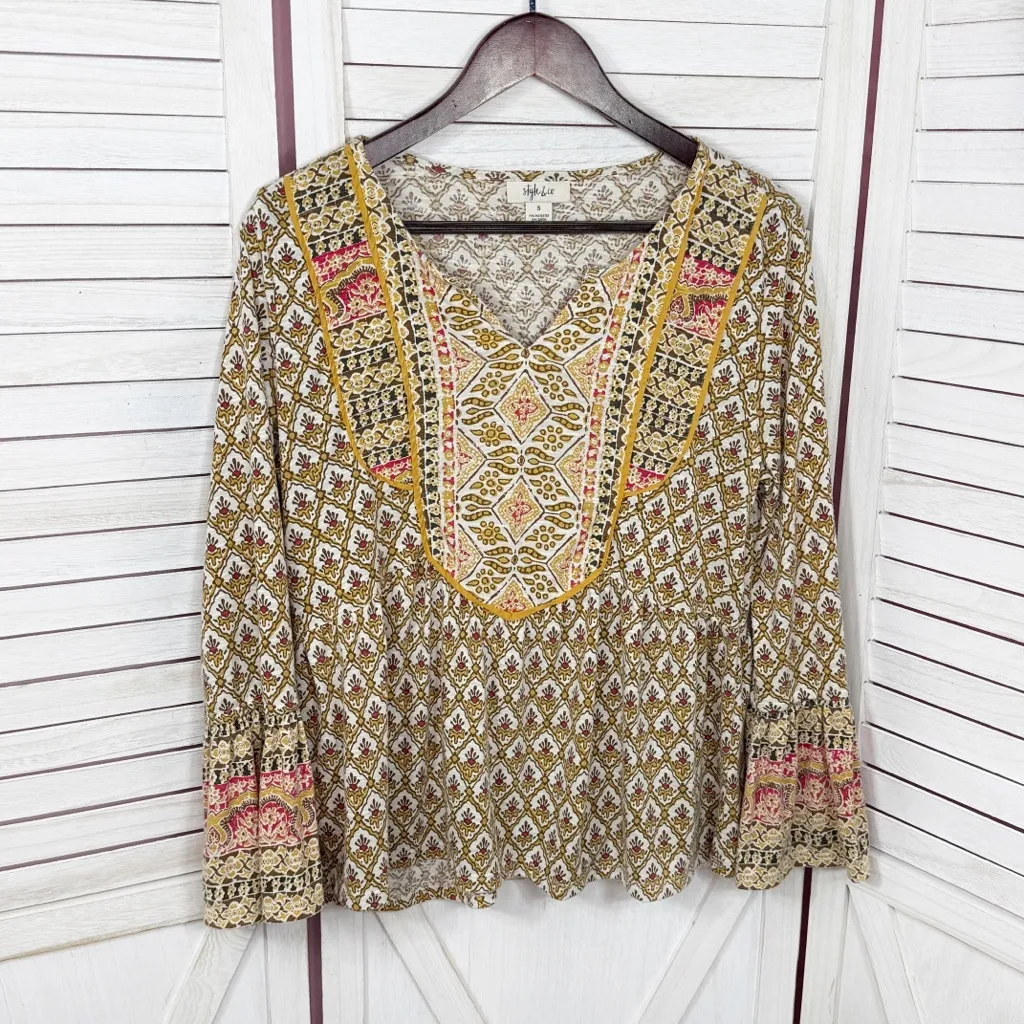 Style & Co  Printed Flared Hem Bell Sleeve V Neck Top Yellow Multi Small - Image 7