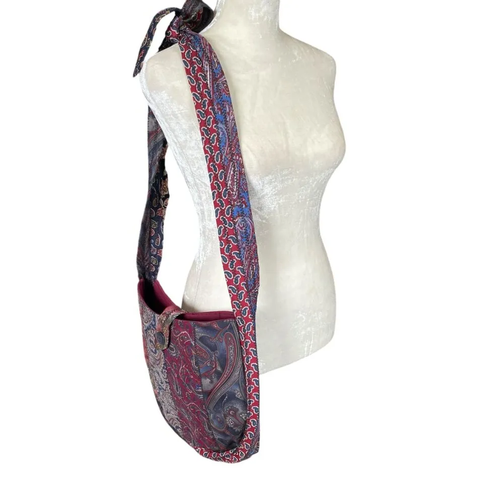 Nyxxie women's handmade from vintage ties burgundy and blue paisley shoulder bag - Image 2