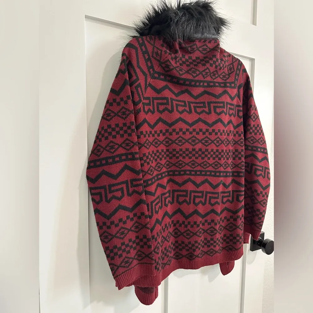 Rebellious One Size Large Open Front Cardigan with Faux Fur trim, Red and Black - Image 4