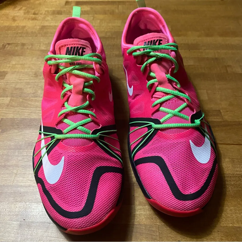 Nike Free Cross Compete Pink and Green Athletic Shoes. 8 - Image 2