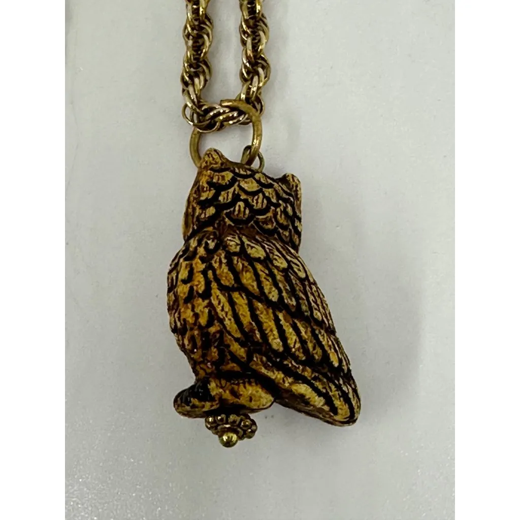 VTG Owl Pendant Necklace Gold Tone Rope Chain 13" Retro Jewelry Accessories - Image 6