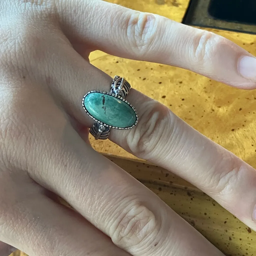 Natural Nevada Turquoise Sterling Silver Feather Ring Size 6 Green - Image 4