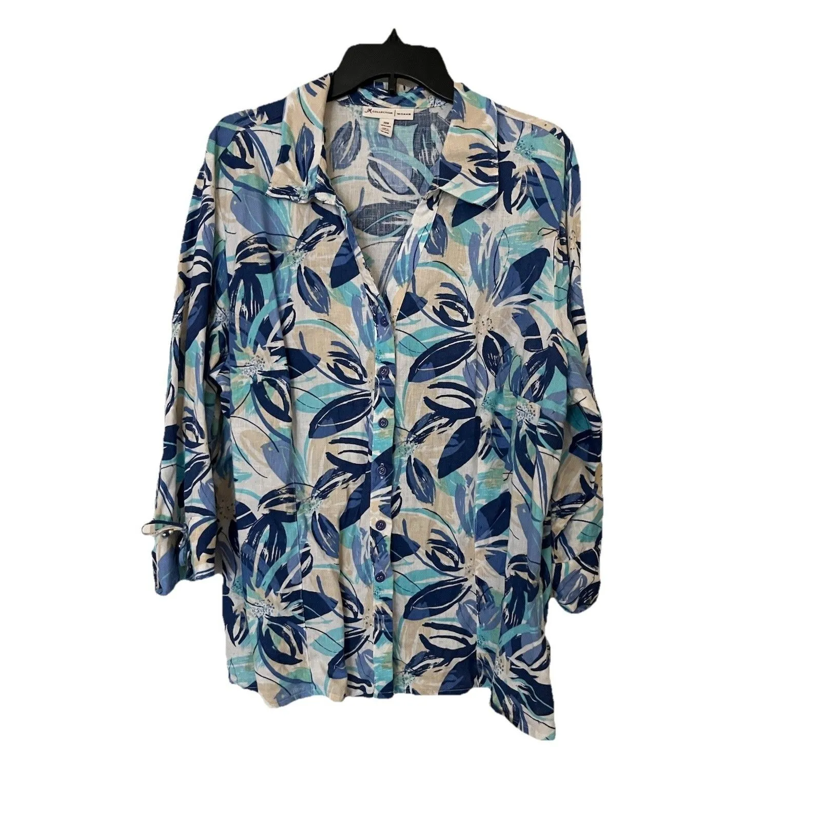 JM Collection Women 20W Shirt Blue White Beige Floral Linen Button Up 3/4 Sleeve - Image 4