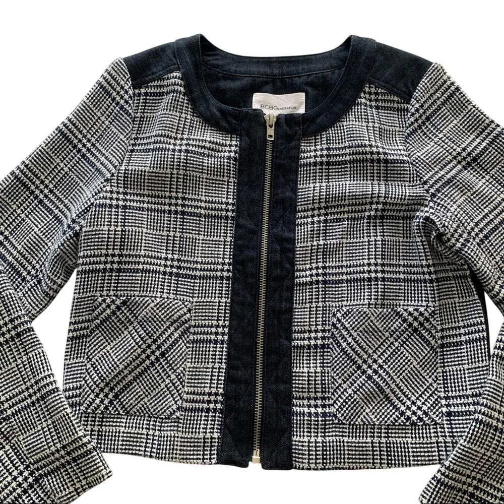 BCBGeneration Plaid Print & Denim Zip Up Blazer Jacket Women's Size 10 - Image 4