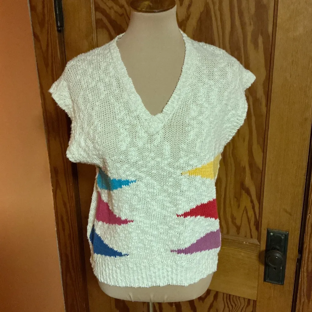 Vintage 80s Cream Knit Sweater Vest Colorful Abstract Pattern Boho Retro V - Image 11