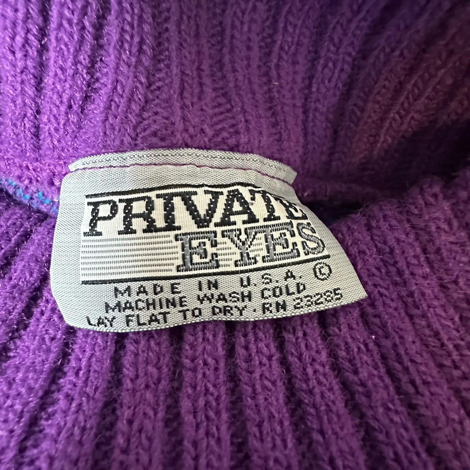 Sweater Vintage 80s Private Eyes‎ Cats AOP Knit Knitted Sweater Size 4 Wool Purple - Image 4