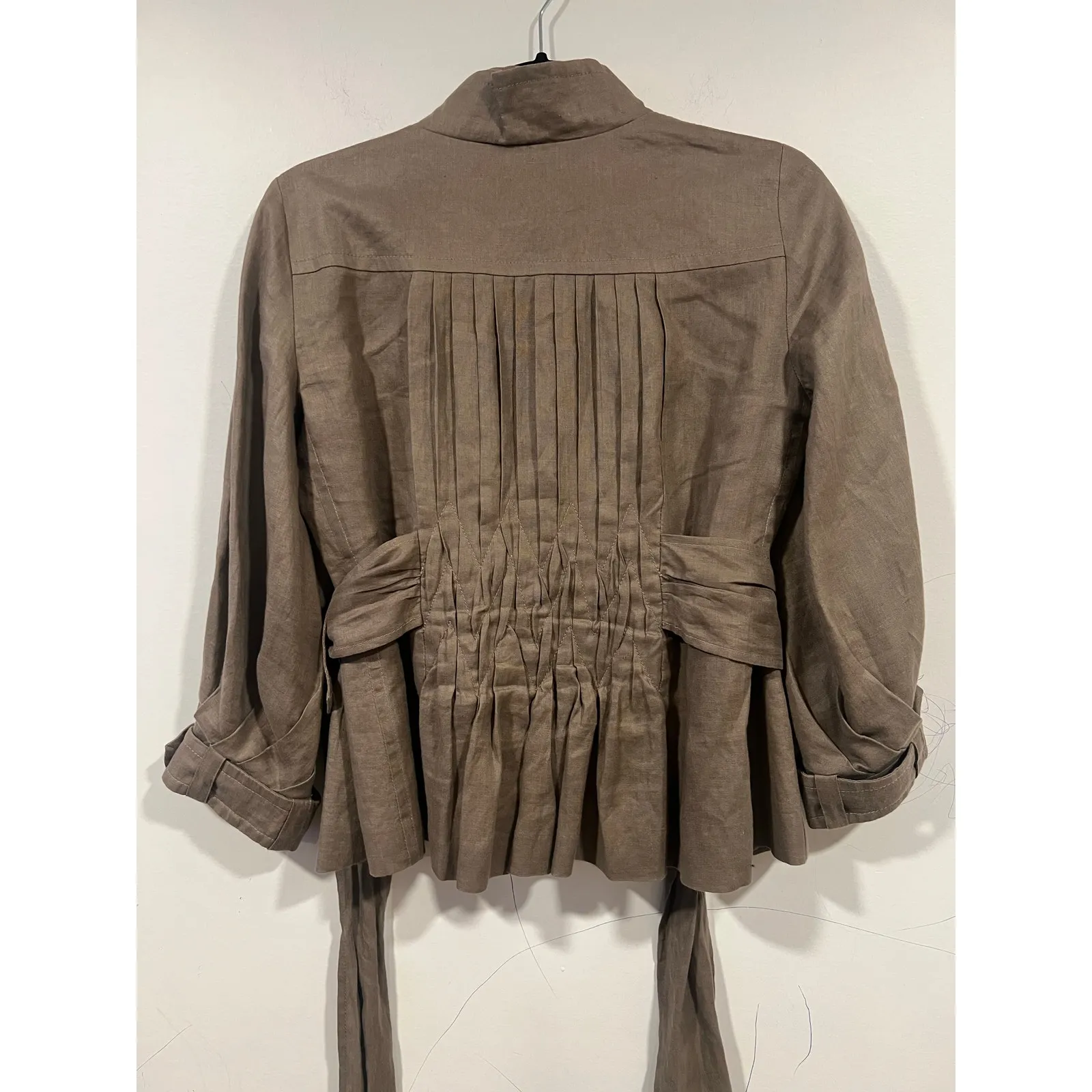 Women’s Korean Fashion Minimalist Linen Front Tie Blouse Khaki Small - Image 7